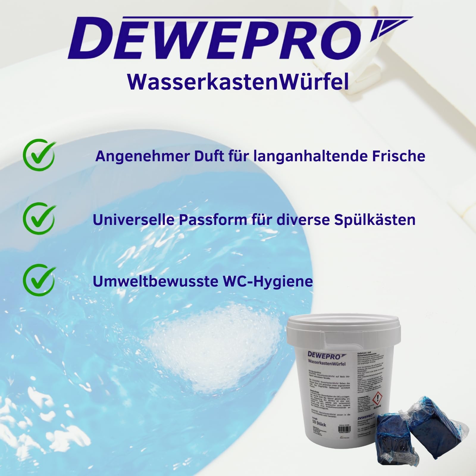 DEWEPRO - Set di 2 barattoli di pastiglie detergenti da 10 cubetti per WC da inserire nella cassetta dell’acqua di scarico per la freschezza del bagno