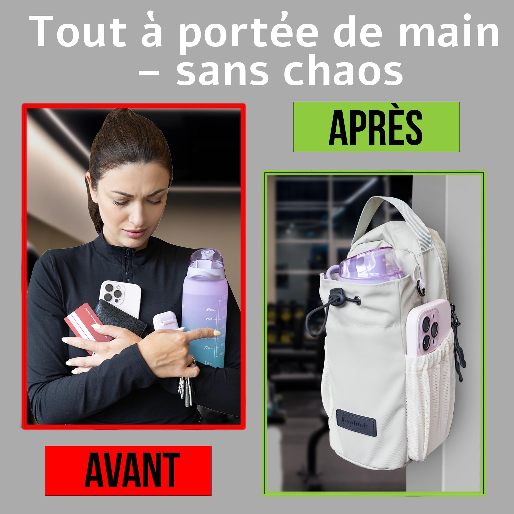 Sac de Sport magnétique avec Porte-Bouteille 1,5L – Sac Gym Fitness Homme Femme, Beige