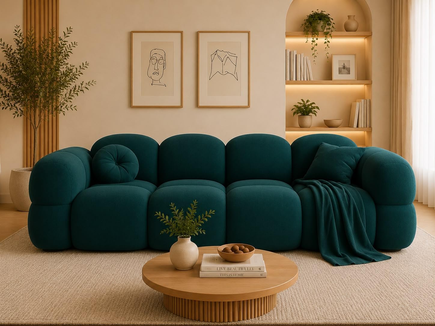 Store Modern Velvet Bubble Cloud Sofa, Tufted Design Upholstered 3 Seater Sofa Set for Living Room,Office and Hallway(Dark Teal Geen)-image-25