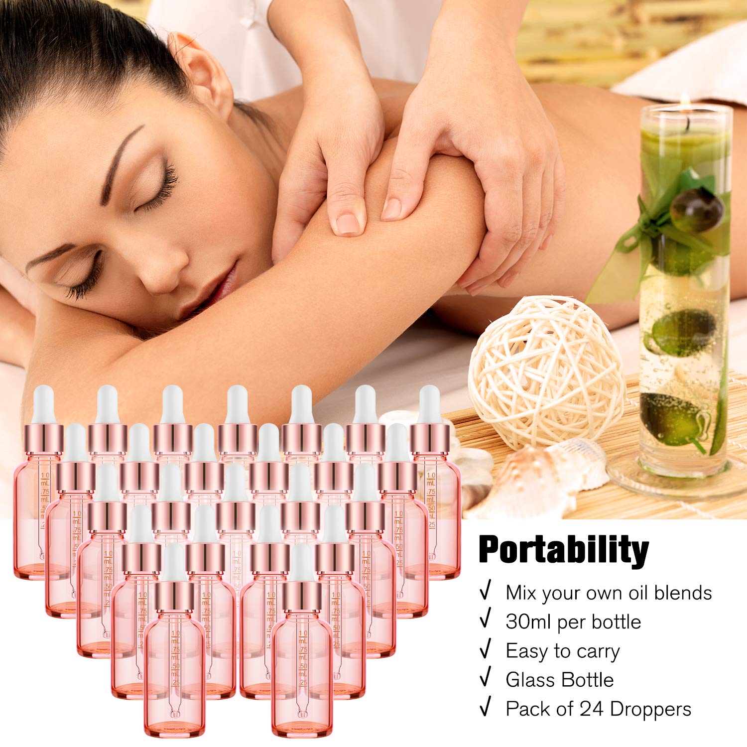 PrettyCare Flacone contagocce da 28,3 g (confezione da 24 flaconi in vetro rosa da 30 ml con pipette misurate, tappi dorati e 48 etichette, imbuto), flaconi vuoti per tintura di oli essenziali,