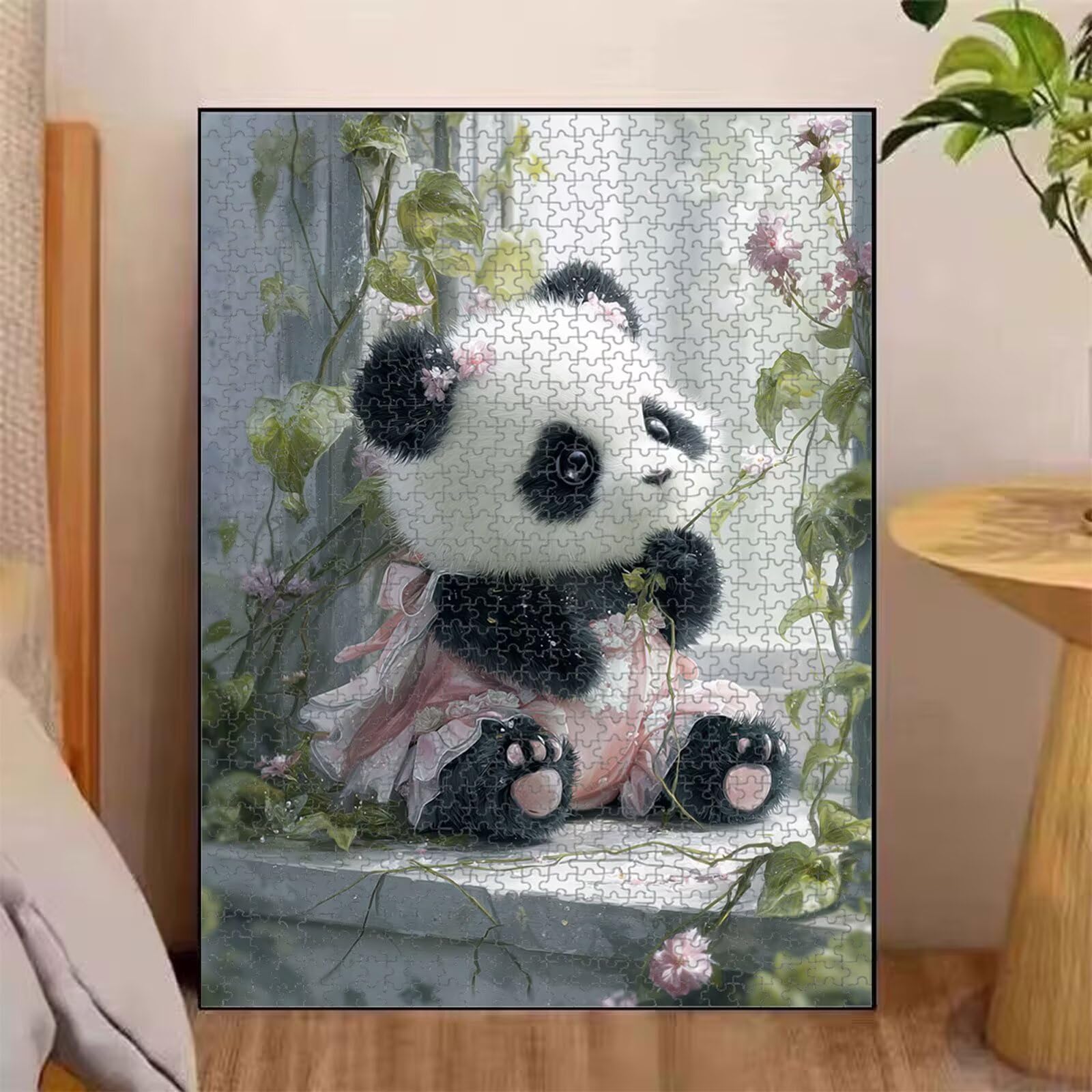 1000 elementów, puzzle dla dorosłych, panda i kwiaty, drewniane puzzle 1T#2455 | Drewniana konstrukcja, precyzyjne cięcie, jasne kolory, statyczne hobby, relaks, dekoracja domu, prezent, 50 x 75 cm