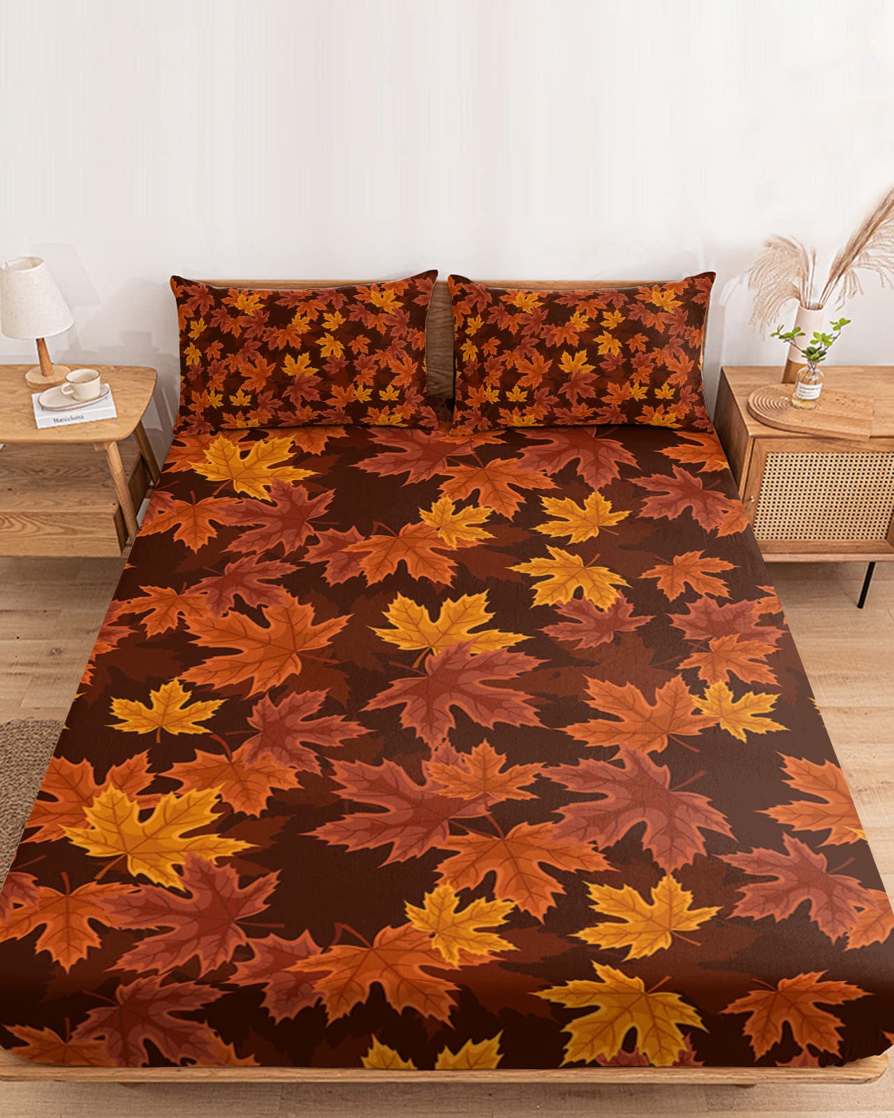 ChucocoTwin Fitted Bed Sheet Set Autumn Maple Leaves Bedsheet & Pillowcase Sets-1 Deep Pocket Elastic Bedspread for 16In Mattress with 1 Decorative Pillowcase Farmhouse Fall Plant Leaf