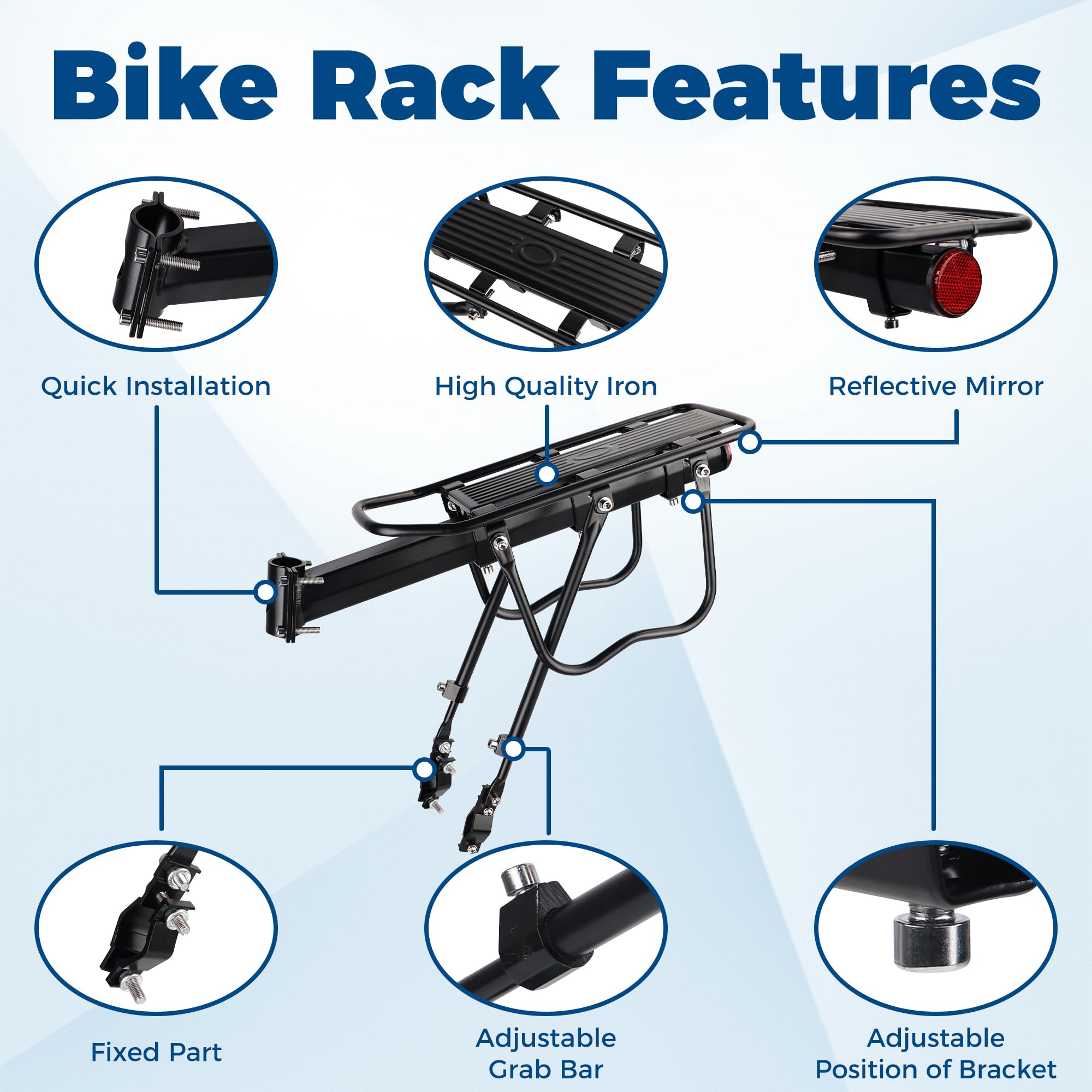 Bagażnik rowerowy tylny Touring maksymalne obciążenie 50 kg, stop aluminium, regulowana wysokość nośna, nadaje się do rowerów 22-29", 700C, do rowerów górskich, wyścigowych