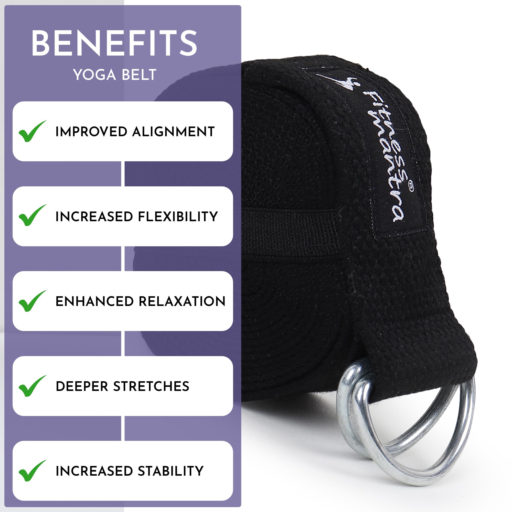 Fitness Mantra® 8.5 Feet Premium Cotton Yoga Belt for Women and Men |Adjustable D-Ring Strap for Stretching, Yoga, Pilates, Physical Therapy & Fitness |Durable & Anti-Slip Quality| Black| 1