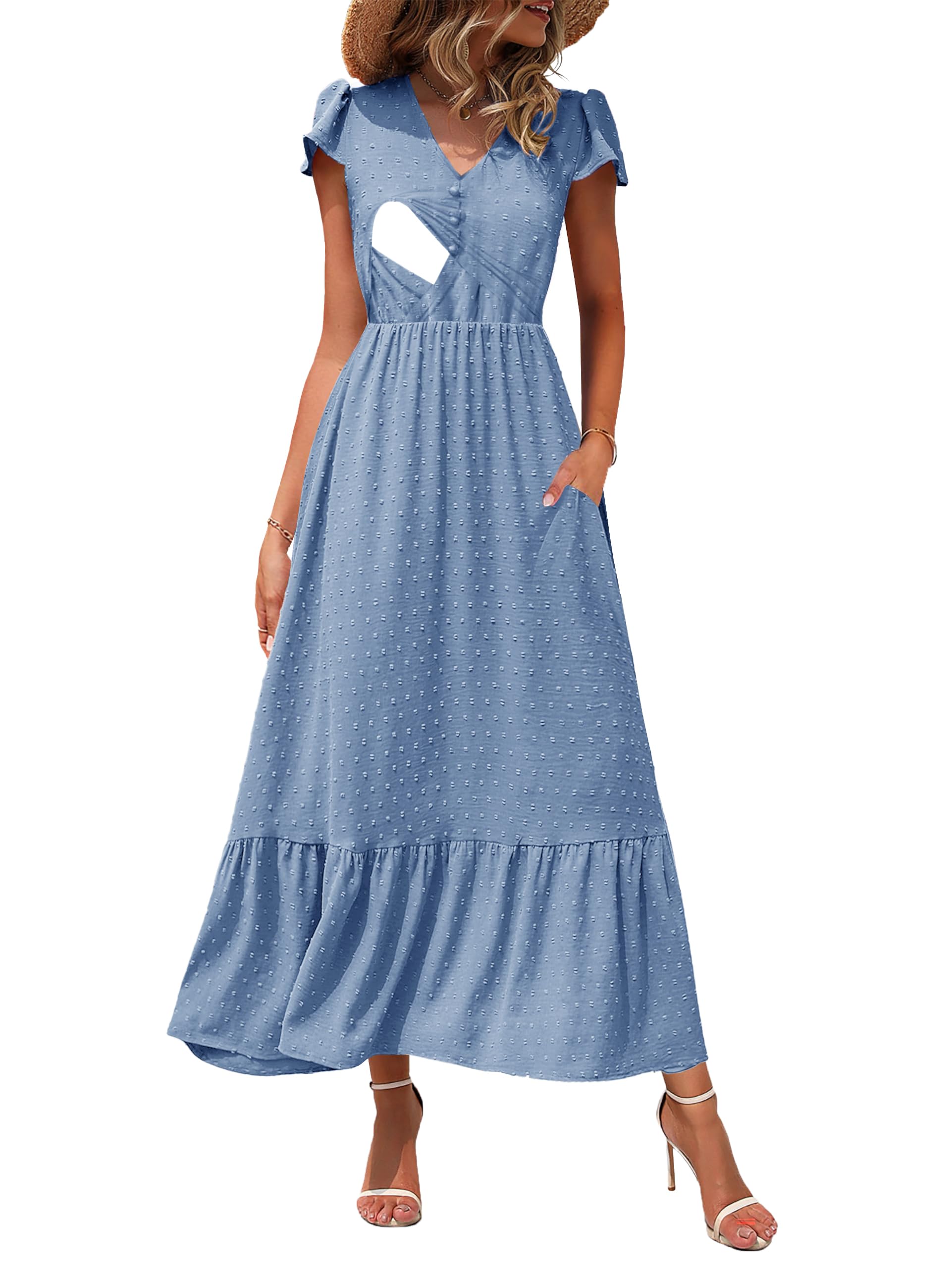 CzzzyL Women Nursing Dresses Cap Short Sleeve V Neck Swiss Dot with Pockets