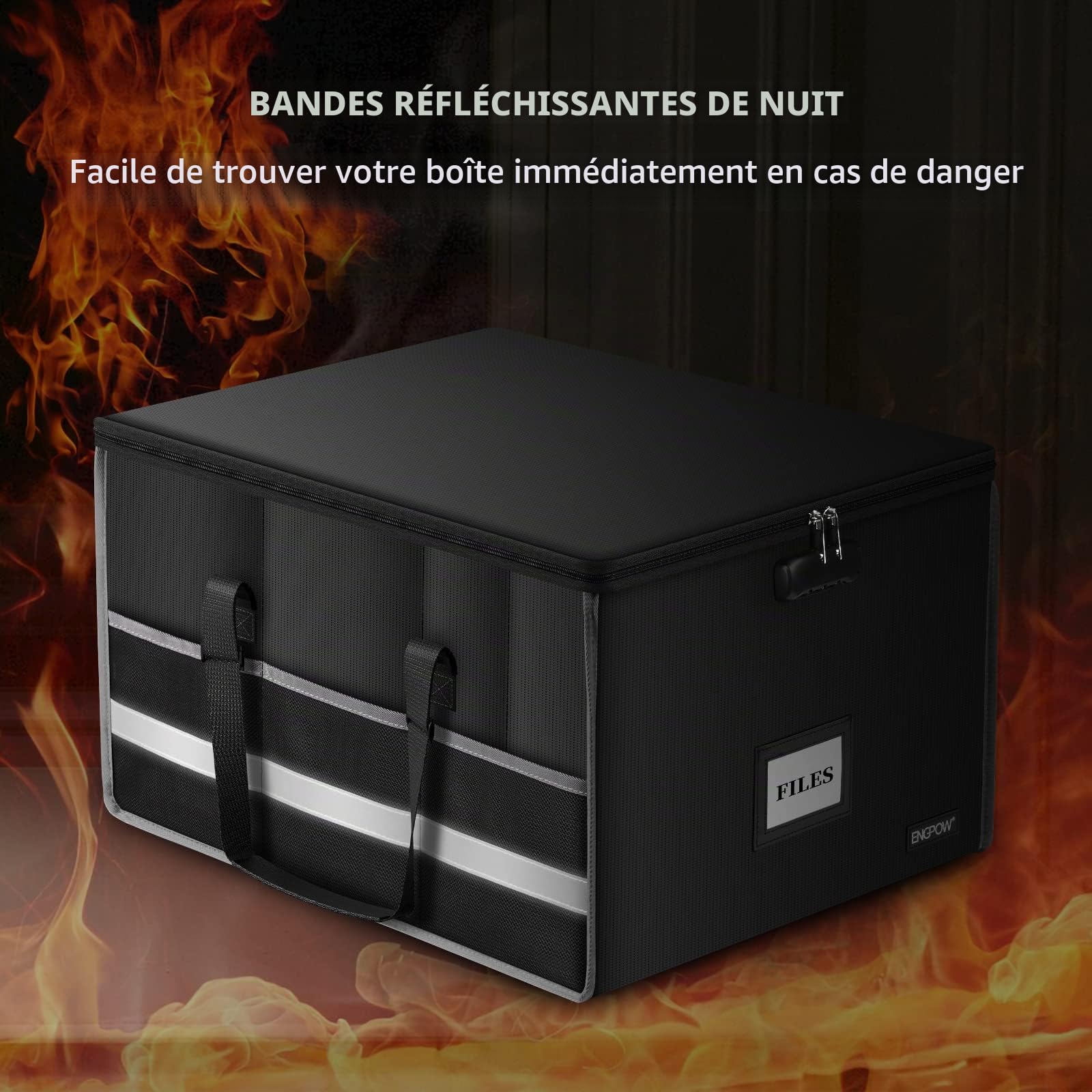ENGPOW Boîte de classement avec serrure, ignifuge, boîte de rangement avec inserts et poches en maille, pliable et portable pour accrocher des dossiers de lettres et documents juridiques
