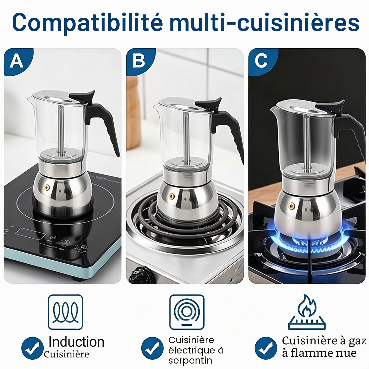 Pilipane Cafetière Moka à Induction, Cafetière Pour Café Italien, 200 Ml/300 Ml En Verre Transparent Et Acier Inoxydable, Cafetière Design(300ml)