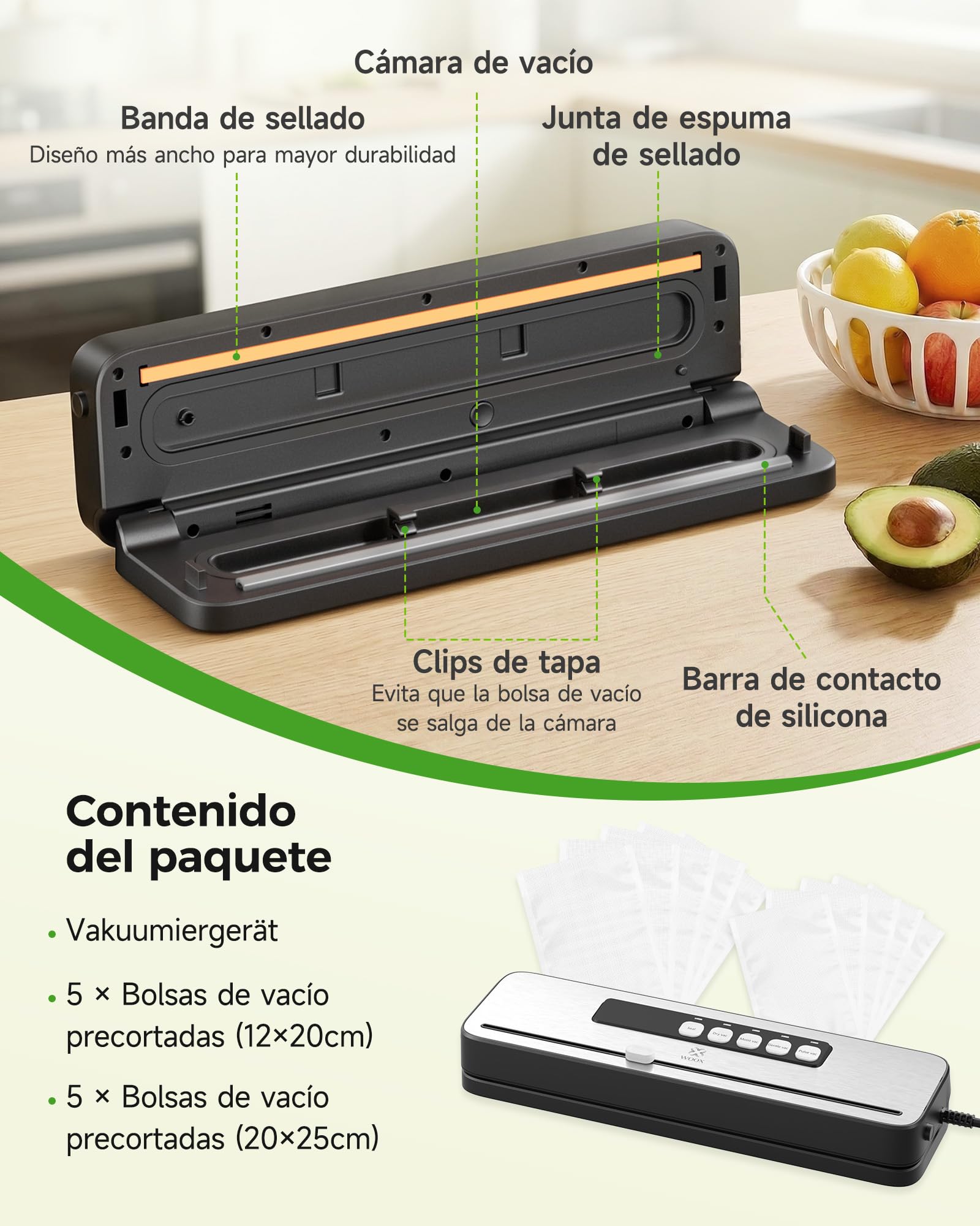 WOOX Envasadora al Vacío, Máquina Envasadora al Vacio Domestica Rápida y Compacta, Incluye 10 Bolsas, Alta Velocidad de Trabajo Continuo, para la conservación de alimentos secos y húmedos