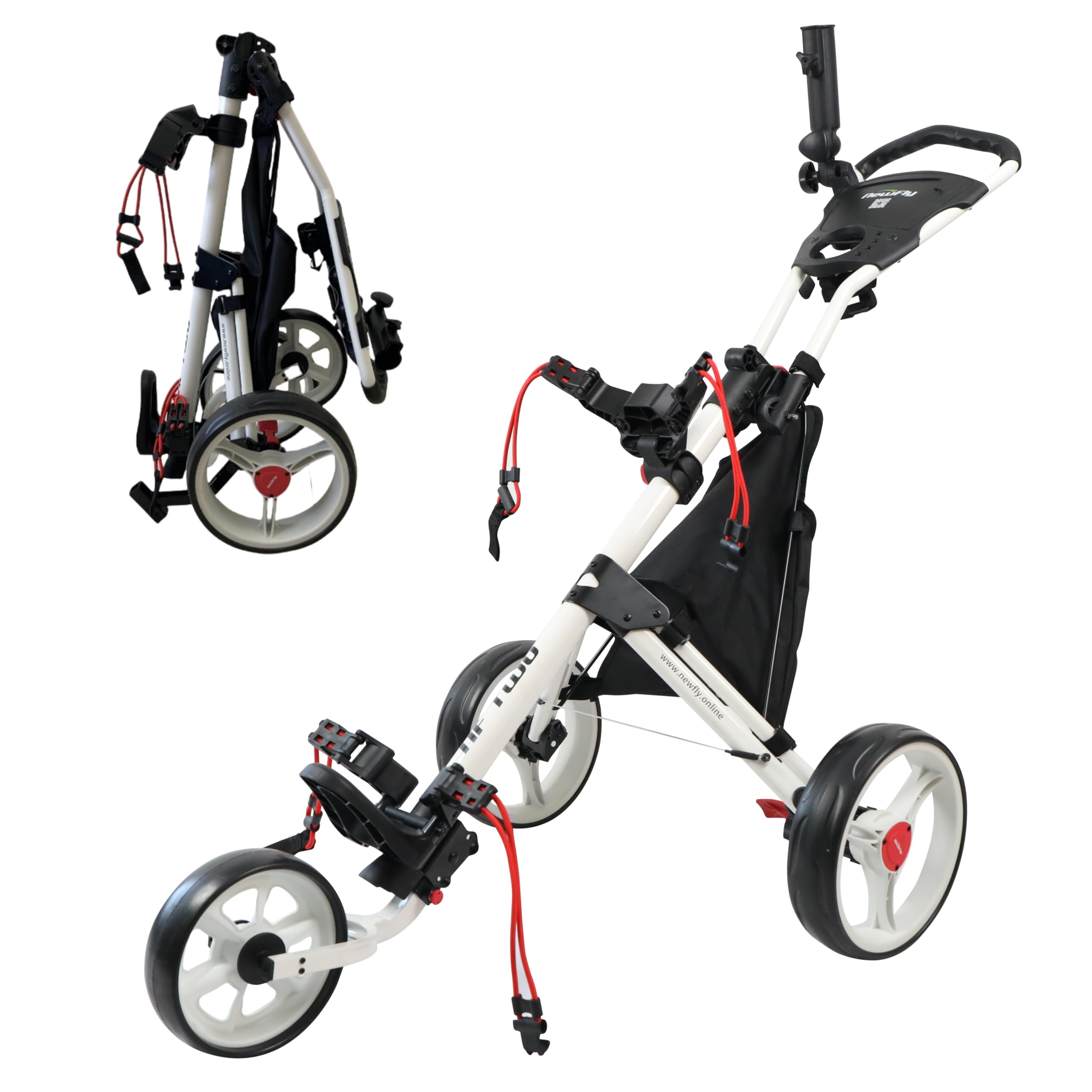 Newfly Golftrolley mit 3 Rädern, Ultraleicht, zusammenklappbar, mit Fußbremse, einfach zu öffnen und zu schließen, Golfwagen, mit Schirmhalter und Aufbewahrungstasche, Rot