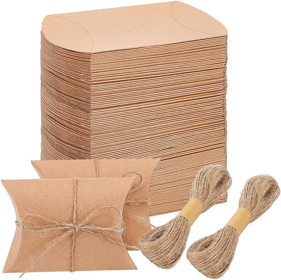 BENECREAT 100 Sets Kraft Paper Pillow Box, 2.8x2.6x1 Inch Brown Pillow Favor Box with Jute Twine and Mailer Boxes for Wedding Party Chocolates Sugars Biscuits