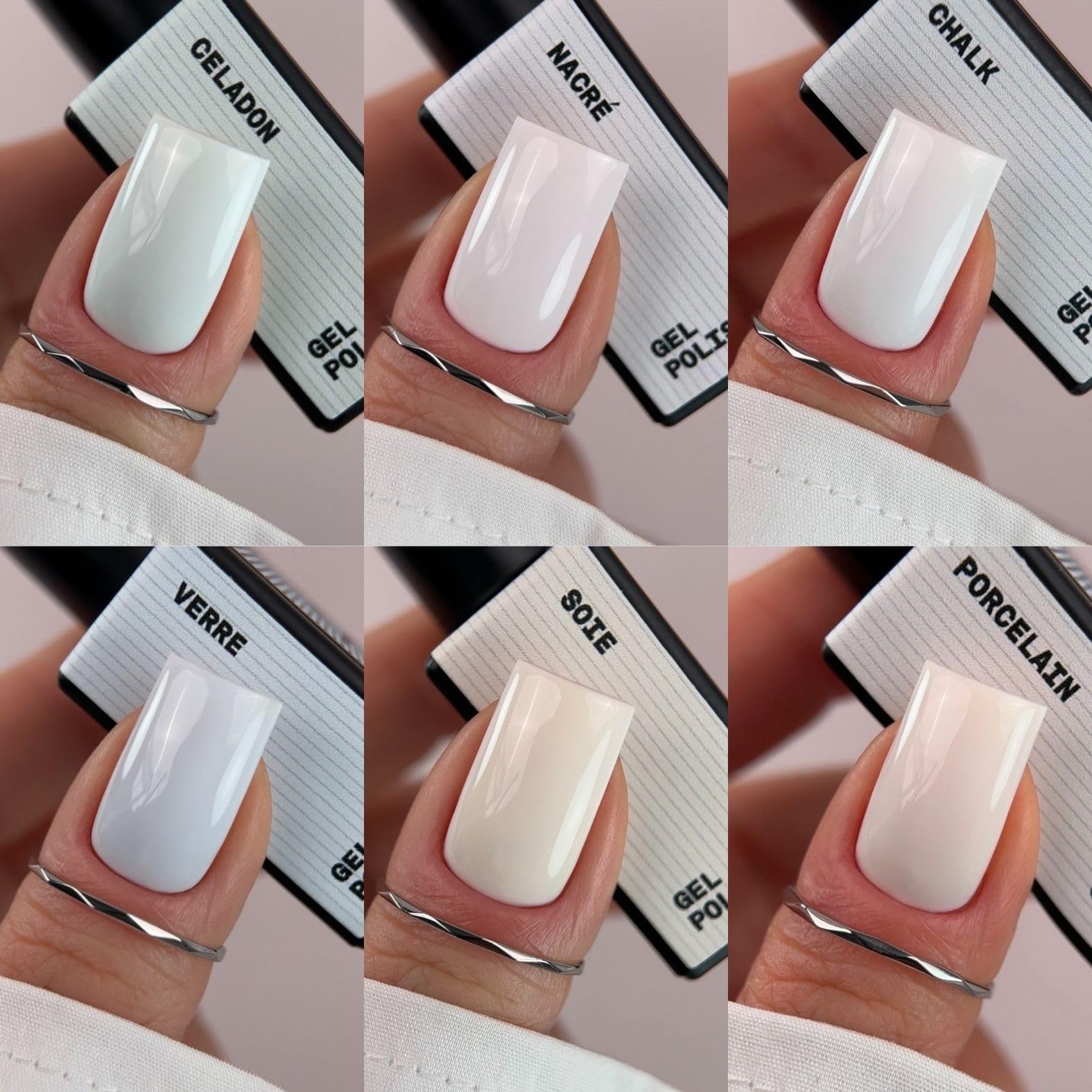 BIBLIOTEKA Colección LUMIÈRE BLANCHE Set Esmaltes Semipermanentes y tops coat shimmer. Fácil autonivelado, cobertura uniforme. 6 Tonos claros pasteles y 2 tops sin capa pegajosa, 8 uds de 10 ml.