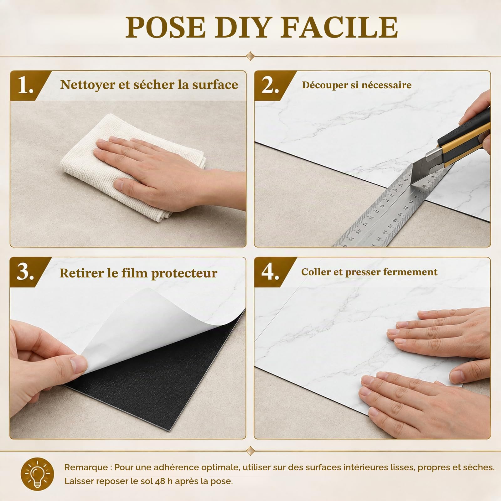 CYEER 40 Dalles PVC Adhésives Sol 30x30cm, Sol Vinyle Autocollant Effet Marbre Blanc, Revêtement de Sol Imperméable et Épais pour Cuisine, Salle de Bain et Salon, Kit de Rénovation DIY 3,6 m²