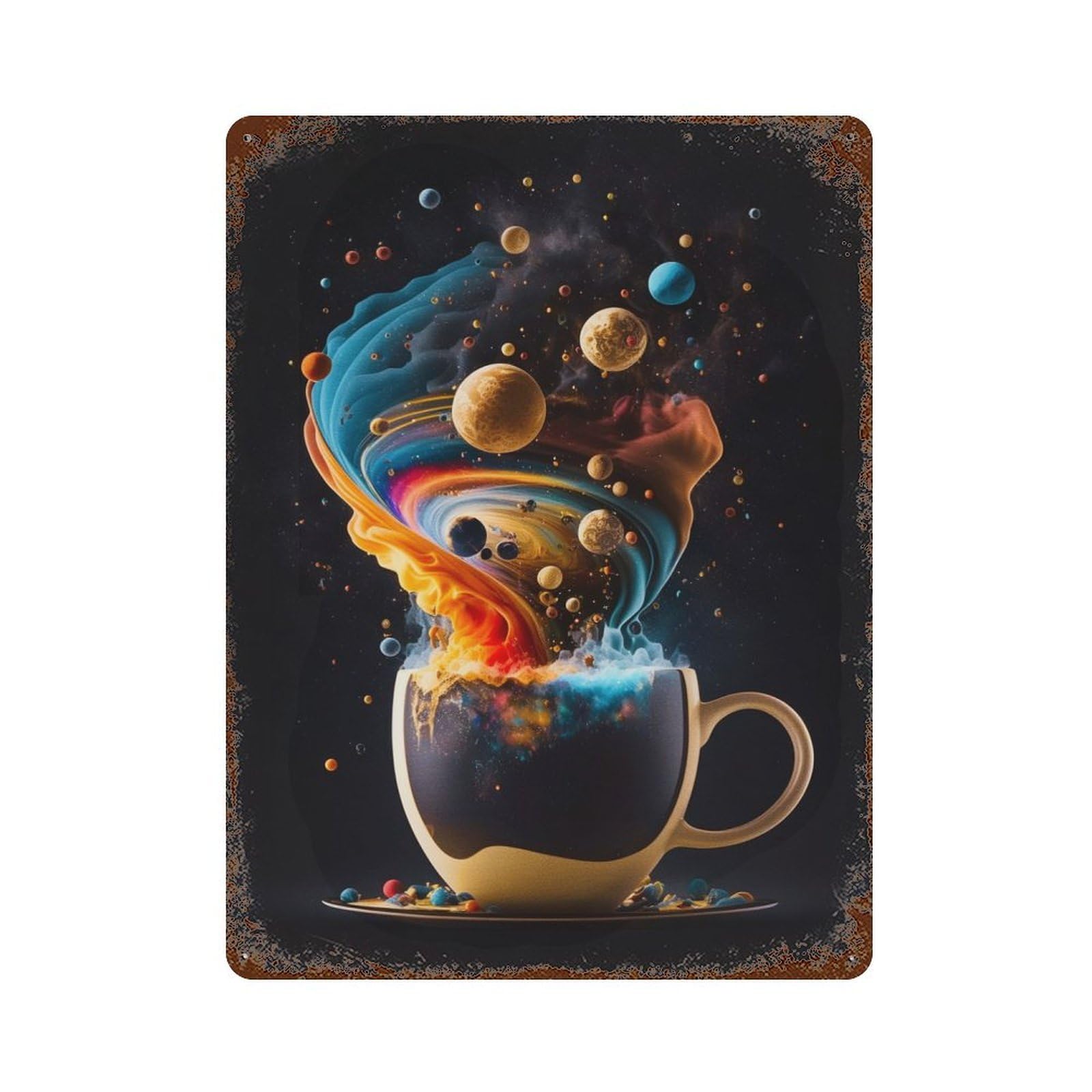 Garage Style Coffee Planet 2 Rust Effect Tin Sign 15.7"x11.8", Industrial Home Decor for Bar And Workshop