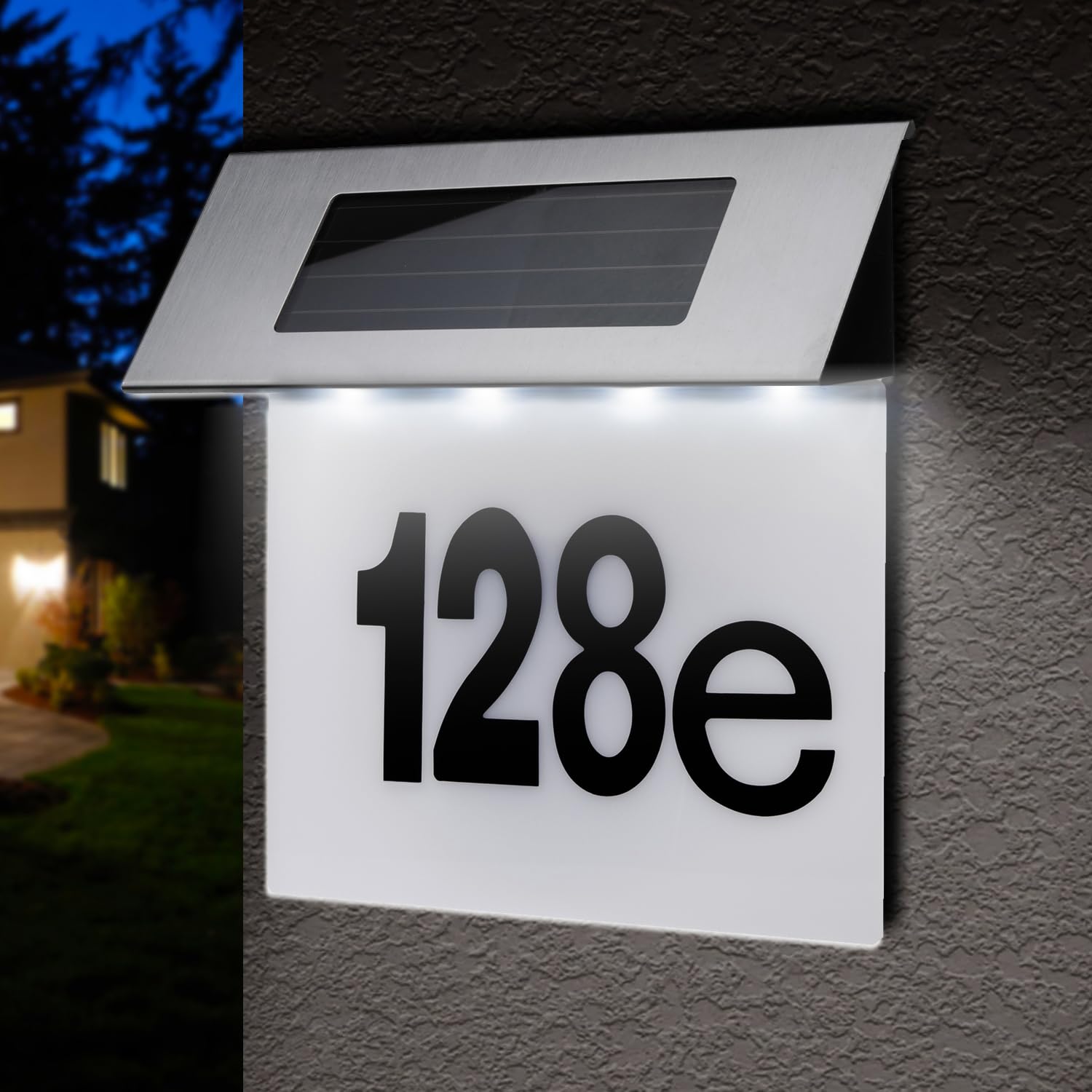 Maclean MCE423 luce solare per numero civico in plexiglass: numero civico 17x13cm con illuminazione a LED sensore crepuscolare IP44 60lm 1,5W bianco freddo 6000K applique da parete per esterno