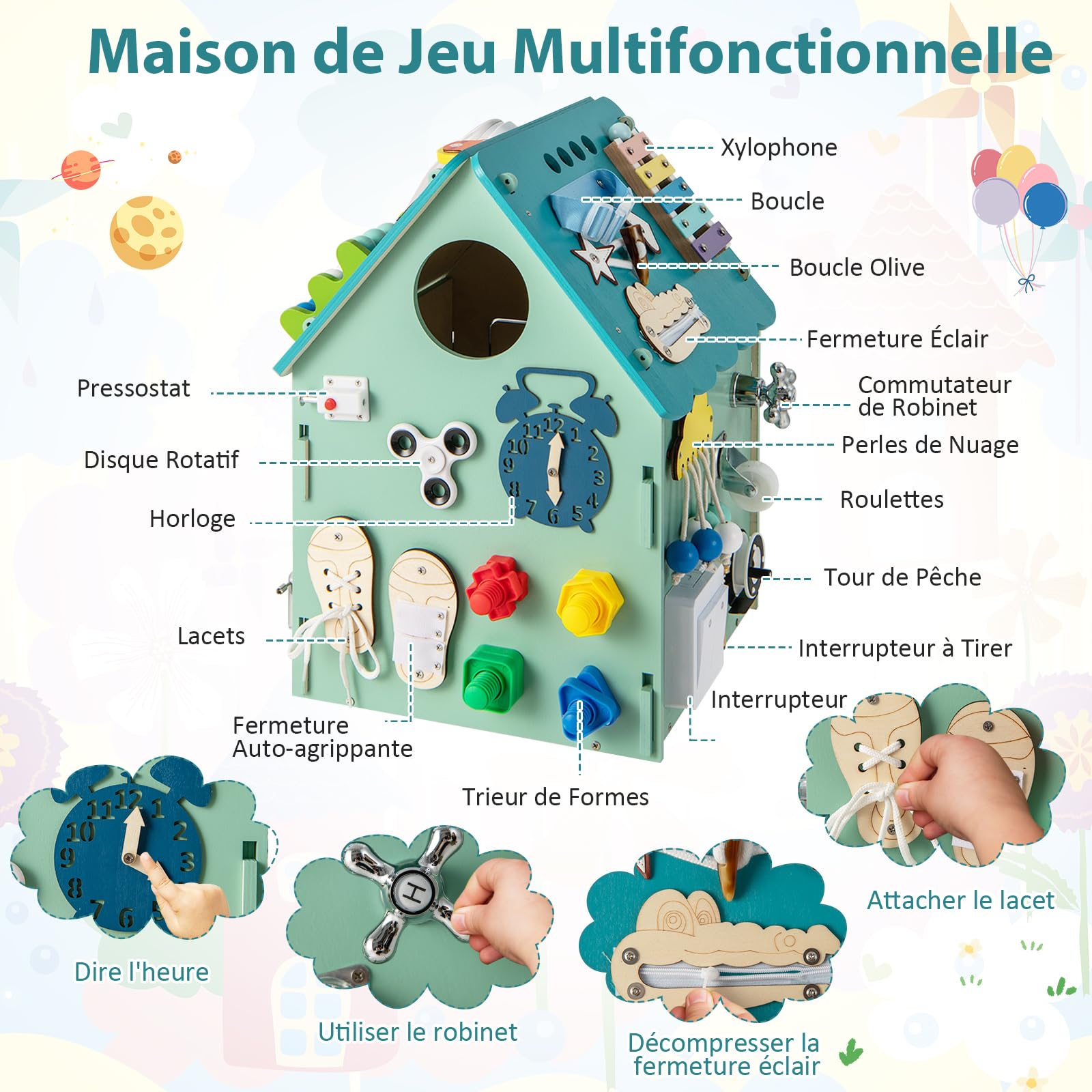 COSTWAY Cube d'Activité en Bois en Forme Maison avec Espace de Rangement Intérieur, Maison de Jouet Educative avec Coins Ronds, 33x33x45cm, Cadeau Précoces pour Garçon et Filles de 3 Ans+ (Bleu)