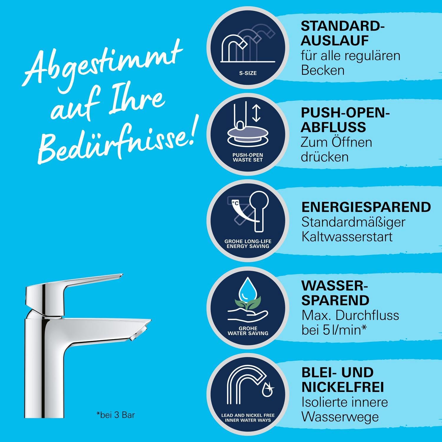 GROHE Start, energiesparende Waschtischarmatur, Kaltwasser in Mittelstellung (Wasserhahn für das Waschbecken im Bad, 17cm hoch, Badarmatur mit Pop-Up Ablauf, mit 3in1 Werkzeug), chrom, 23551002