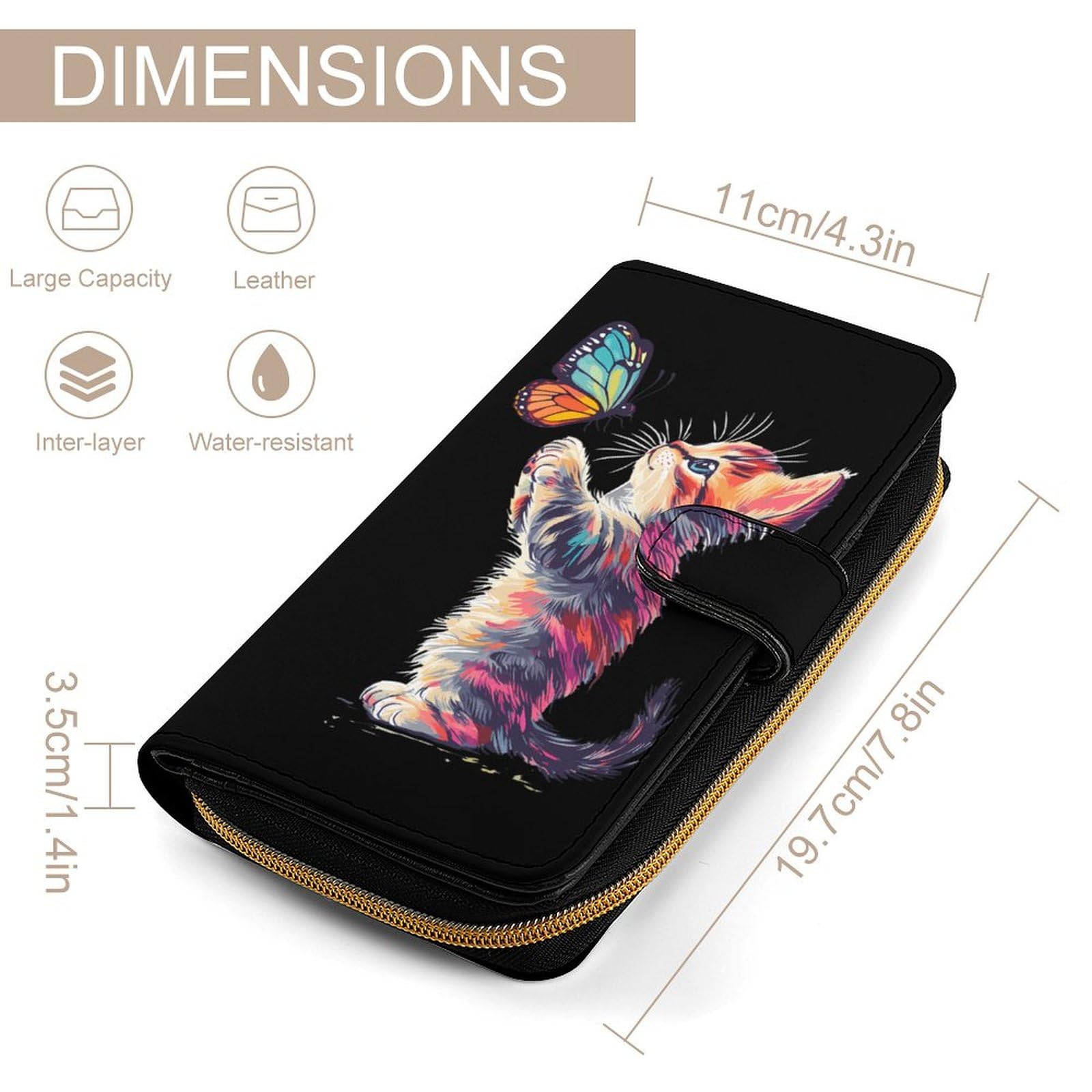 Cute Cat Playing Butterflies Long Wallet PU Leather Credit Card Holder Durable Zippered Purse Clutch Wallet