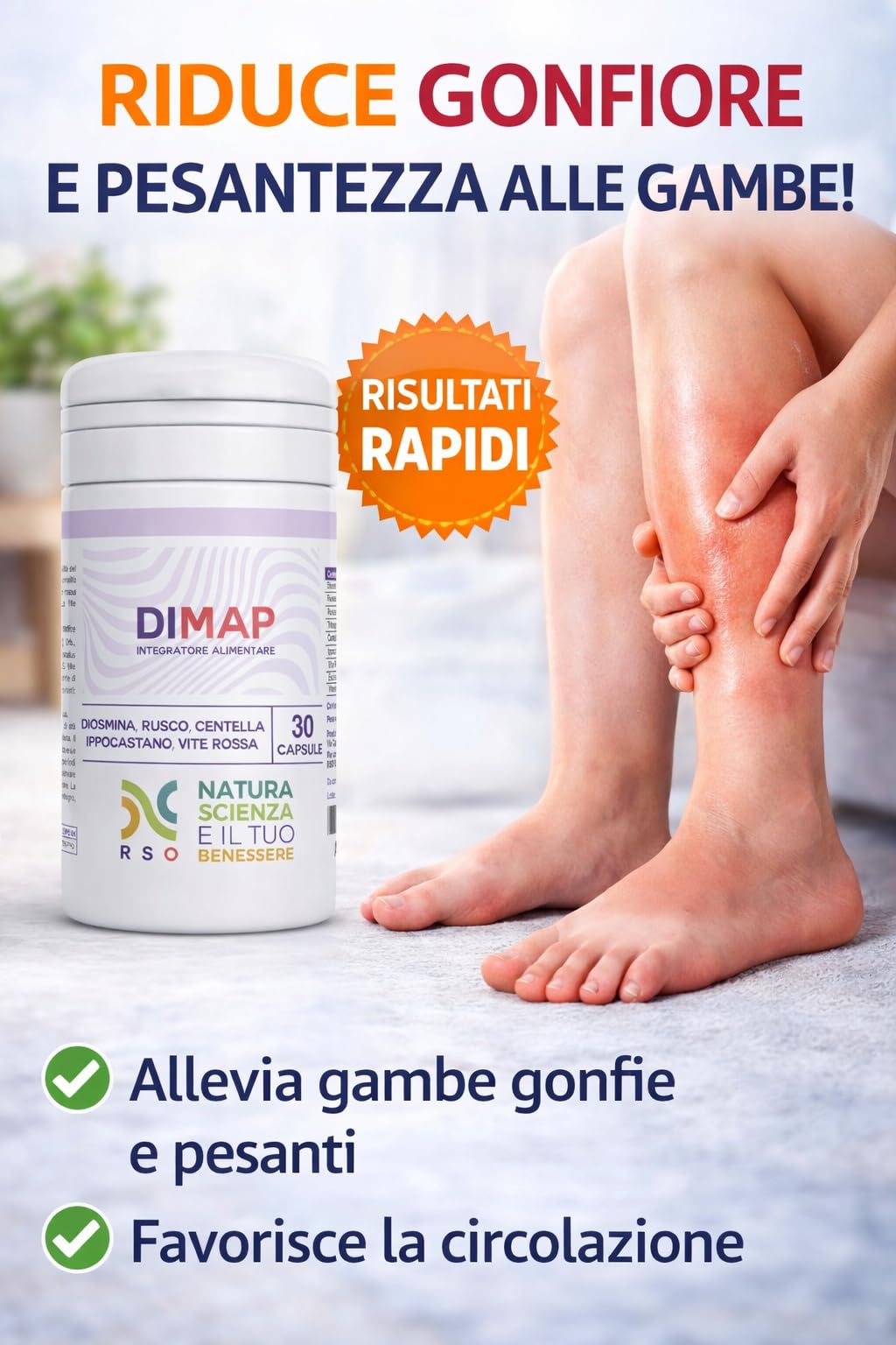 DIMAP Circulation Jambes Gonflées et Varices | Diosmina 500 mg, Centella, Rusco | 30 Capsules | Complément pour Lourdeur, Microcirculation et Capillari | Fabriqué en Italie
