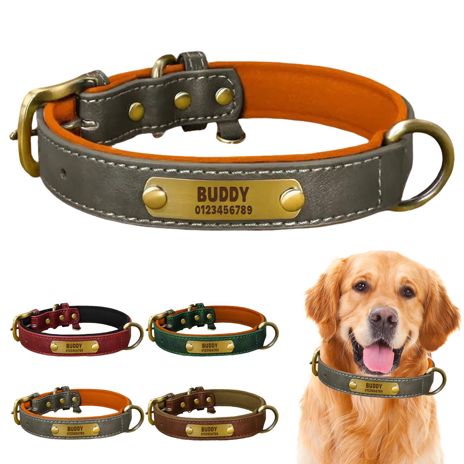 Personalised Dog Collar, Soft Padded and Heavy Duty with Engraved Name Plate, Adjustable for Small, Medium and Large Dogs (Gray, XL: Neck 47-59cm, Width 3.5cm)