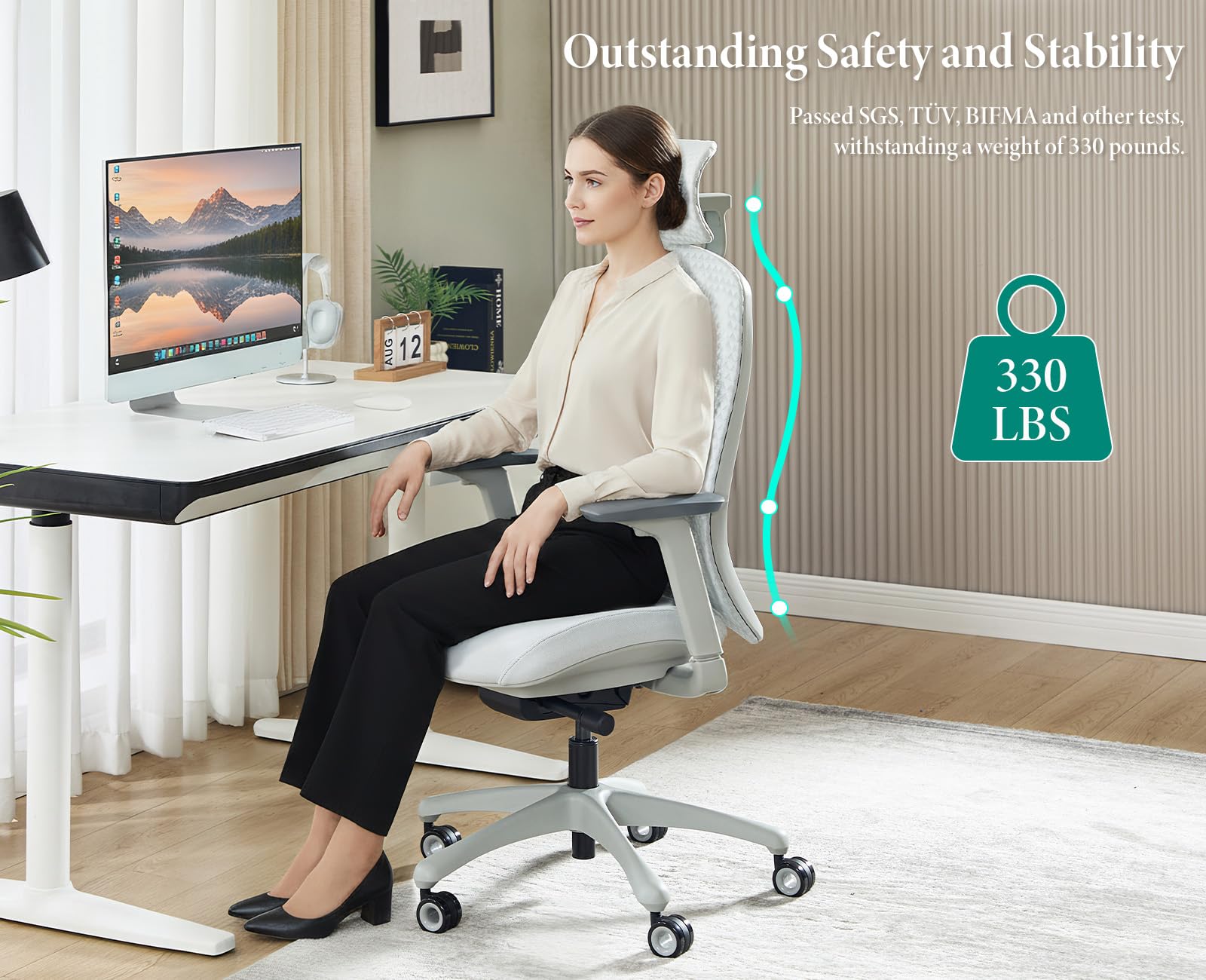 Ergonomiczne krzesło biurowe z regulowanym zagłówkiem, podparcie lędźwiowe, podnoszony podłokietnik, obrotowe krzesło komputerowe do domu, nauki, pracy (szary)