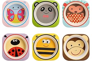Lyellfe Kids Bamboo Bowls - 6 Pack of Unbreakable, Cute and Cartoon-Themed Fun Kids Bowls