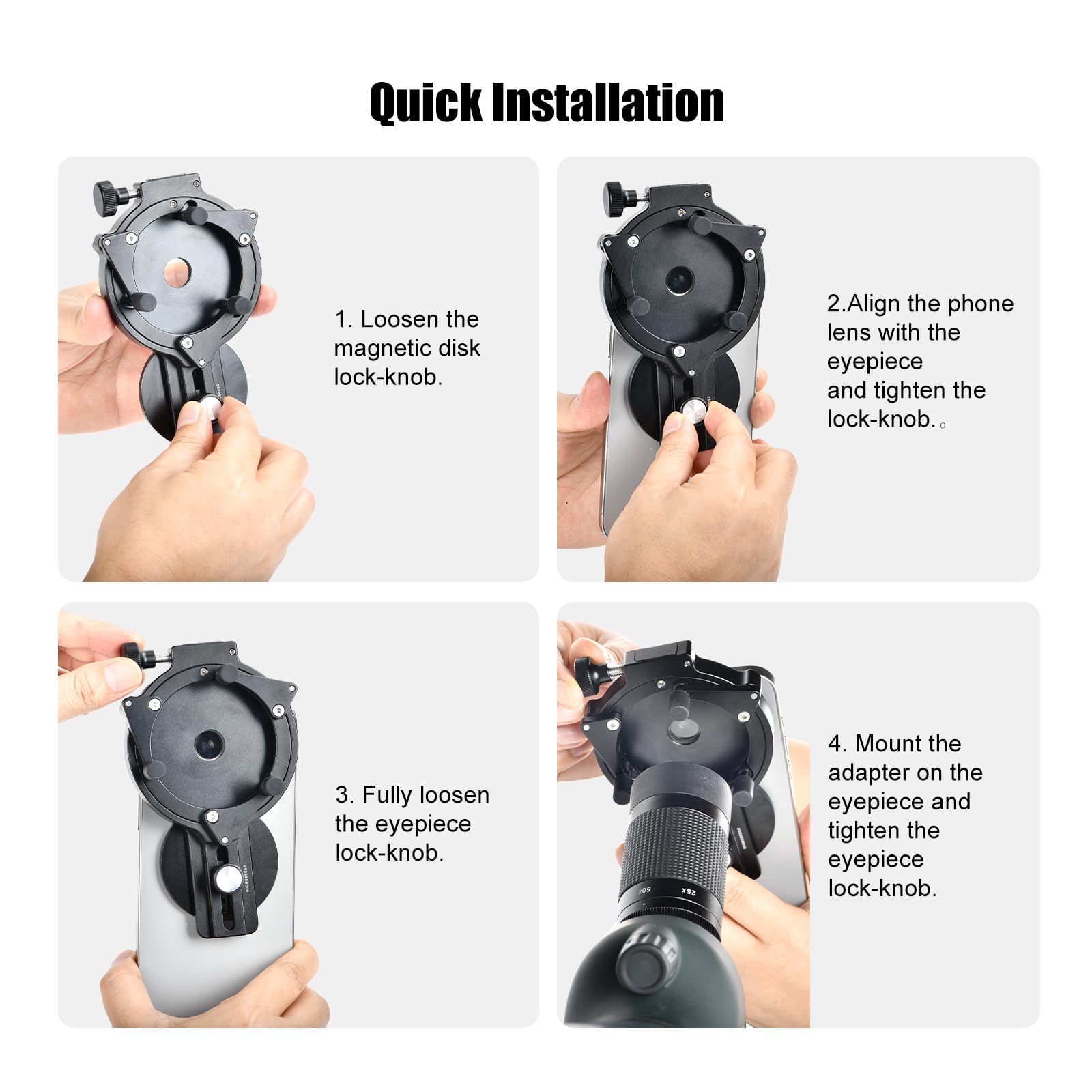 SUNWAYFOTO SPA-3060 - Adaptador de teléfono móvil para prismáticos, soporte universal para binoculares, compatible con el diámetro exterior del ocular 30-60 mm