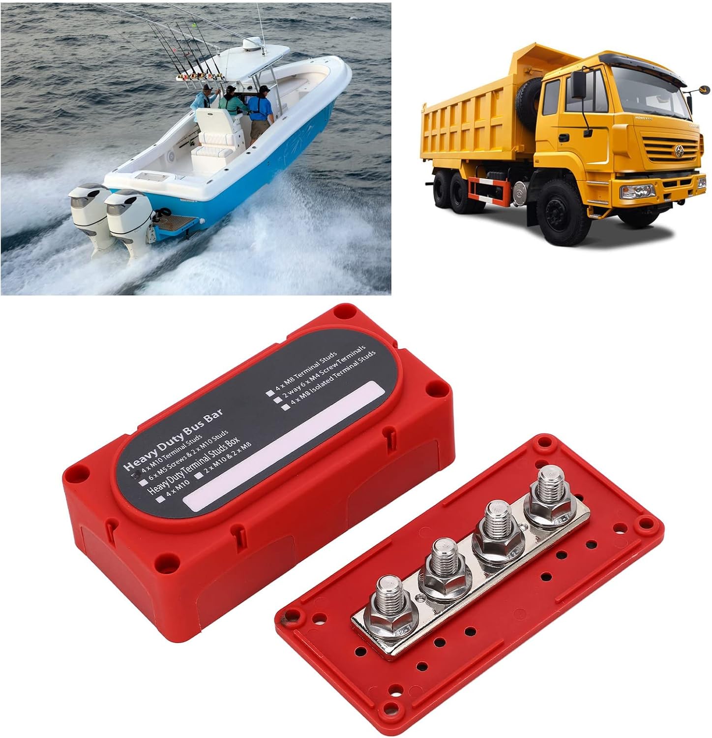 DC48V 300A Power Distribution Block Dual Row Bus Bar Barrier Strip M10x4 Terminal for 12-48V Cars Trucks RVs Ships Marine - High Current Capacity, Flame Retardant Material,