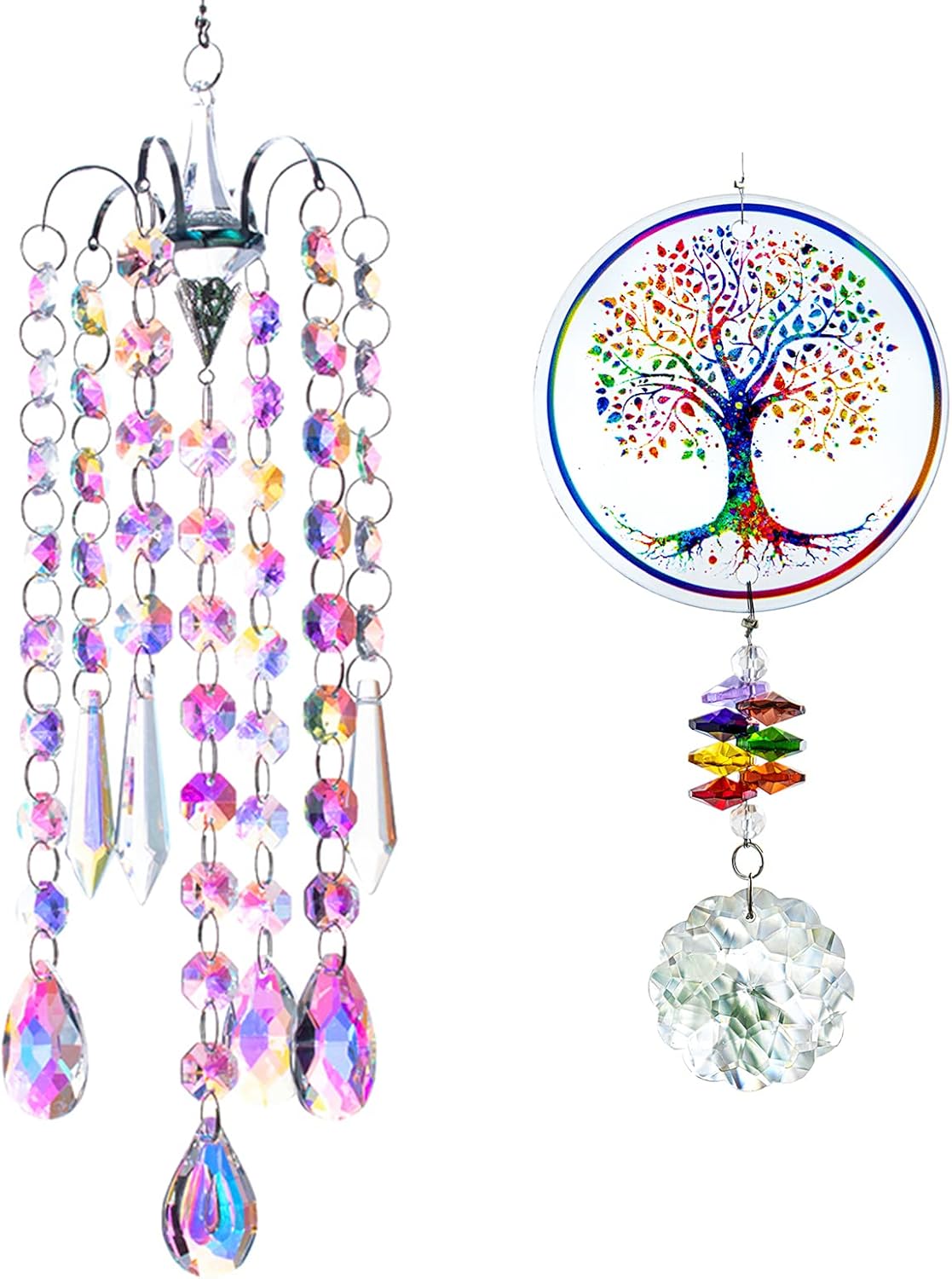 H&D HYALINE & DORA Hanging Crystal Suncatchers Ornament,Chandelier Wind Chimes with Chakra Tree of Life Window Wall Art Decor Pendant