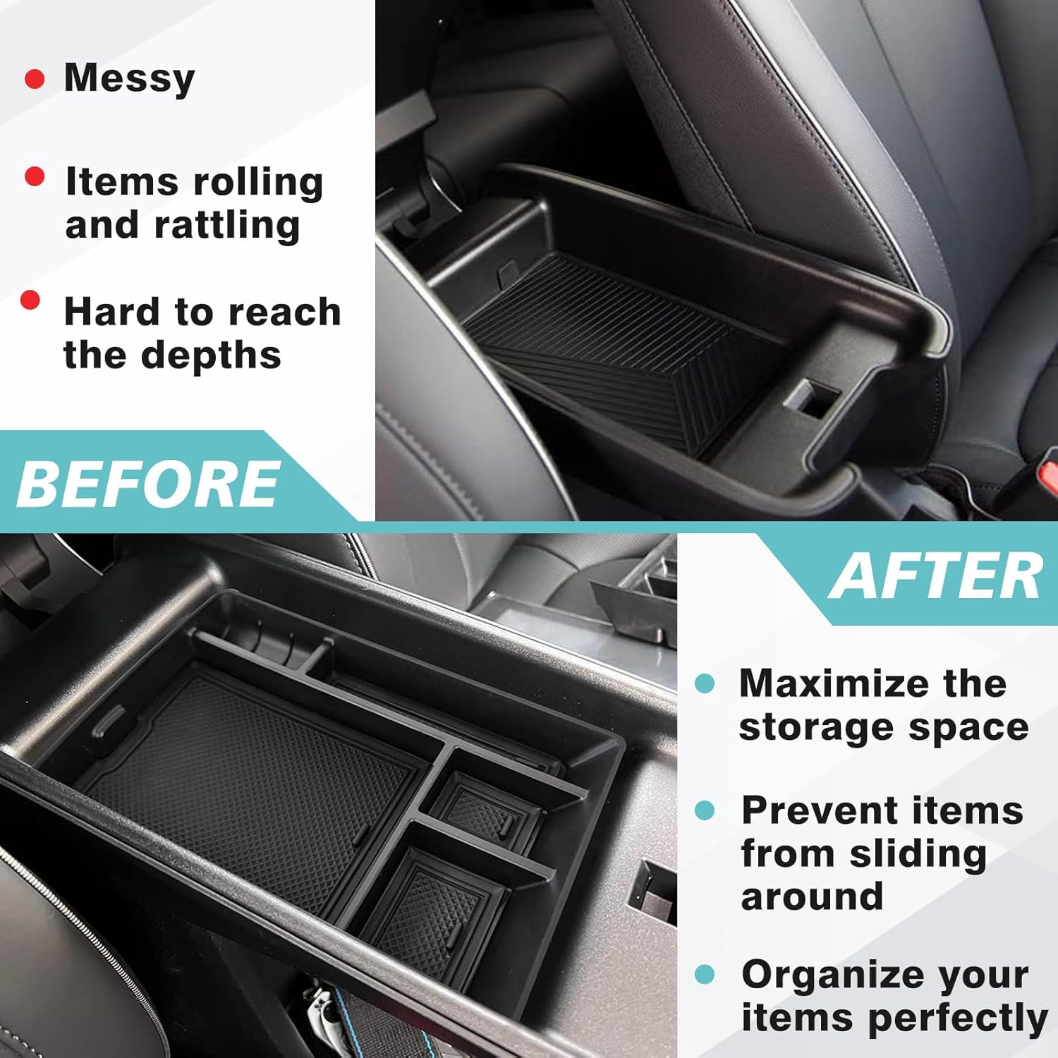 BestEvMod for Ioniq5 Armrest Storage Box & Lower Center Console Organizer Tray 2PCS with Rubber Trim Compatible with Hyundai Ioniq 5 2022-2024 Accessories (Armrest +Lower Tray) NOT FIT 2025