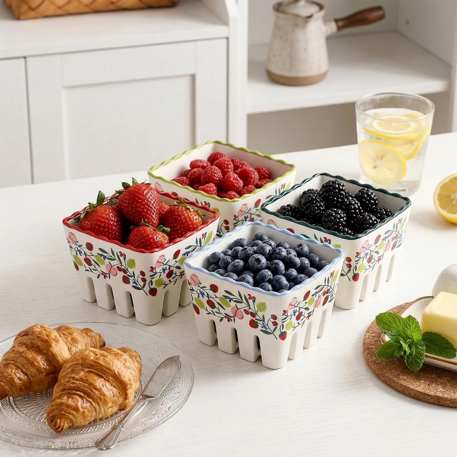 Pumtus 4 Pack Ceramic Berry Baskets, 4.5 Inch Square Fruit Bowl with Holes, Fridge Cute Strawberry Colander, Small Floral Stoneware Harvest Bowls, Kitchen Vegetable Display Holder for Grape, Cherry