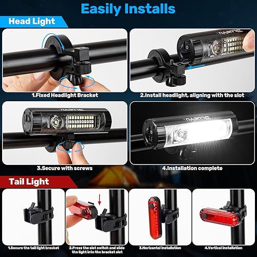 Miniatura 9 de Luz de bicicleta súper brillante para montar por la noche, juego de faros delanteros y traseros recargables por USB con haz alto y bajo, faro LED