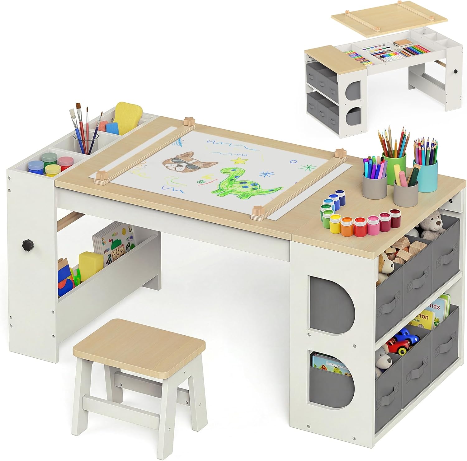 BlueWood Kids Art Table and Chairs Set, Removable Desktop Craft Desk with Hidden Storage, Large Capacity Toddler Activity and Drawing Table for 3-6 Todder, Natural