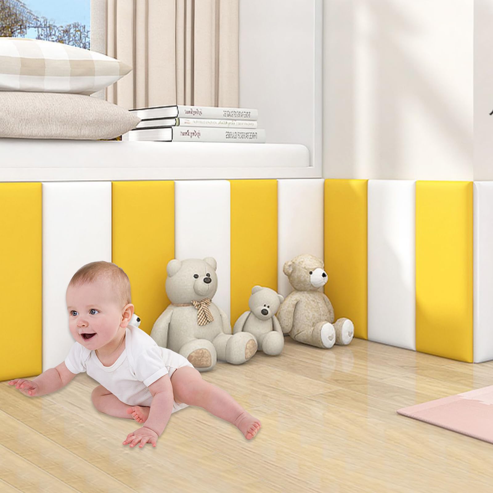 Pannelli da parete 3D, softpack anti-collisione, softpack per asilo, autoadesivi da parete, softpack tatami, softpack per parete di sfondo della cameretta dei bambini (giallo, 4 pezzi)
