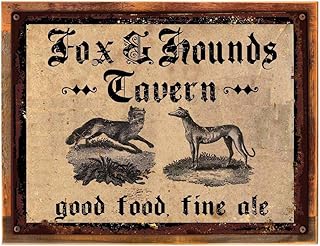 Wood-Framed Fox and Hounds Tavern Metal Sign, Fine Ale, Good Food, Vintage Hunting Scene on reclaimed, rustic wood