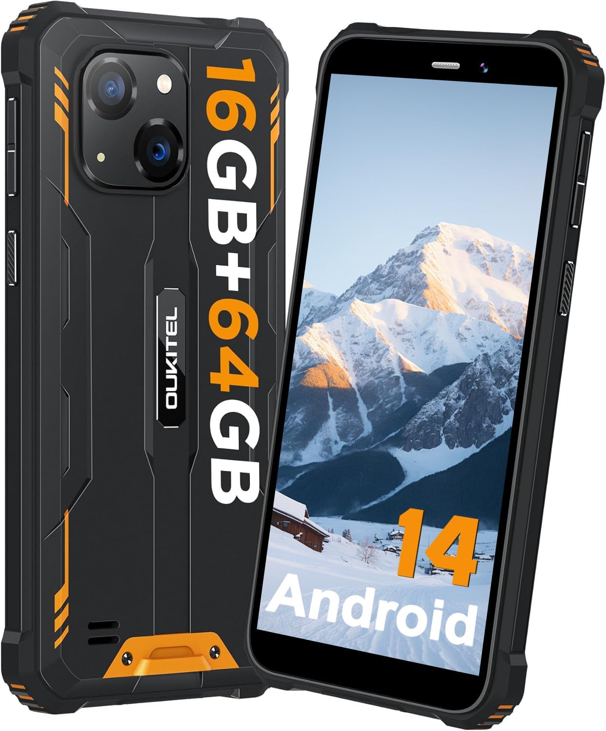 OUKITEL G2 Rugged Phone Unlocked, 6" Screen Cell Phone, 6300mAh Battery, 16GB+64GB/TF 1TB Smartphone, 13MP Camera, 4G Dual SIM Android 14 Phones, IP68/IP69K Waterproof Phone, GPS/T-Mobile, Orange