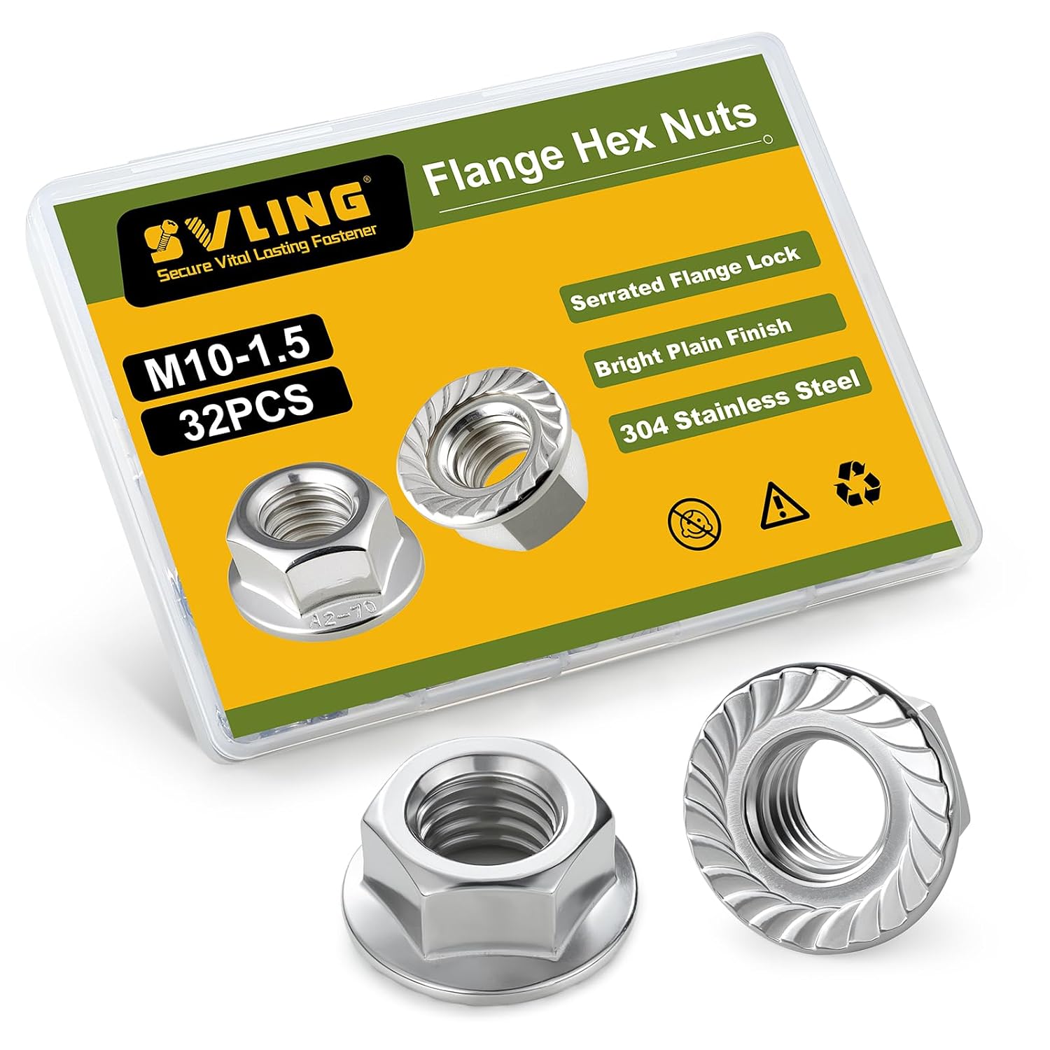 M10 Flange Nuts 32Pcs, Metric M10-1.5mm Serrated Flange Hex Nuts 304 Stainless Steel 18-8, Bright Plain Finish