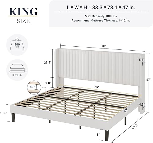 Miniatura 56 de Allewie Marco de cama de terciopelo de tamaño matrimonial, cabecera capitoné vertical con respaldo de ala, plataforma tapizada, listones de madera