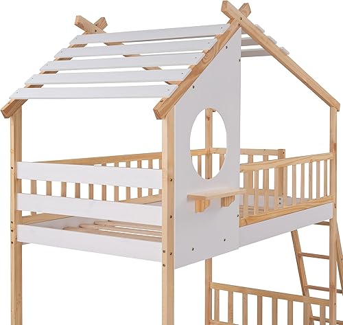 Miniatura 6 de HYC Literas de madera para casa literas de piso individual sobre individual literas de madera para niños literas para niños pequeños con techo