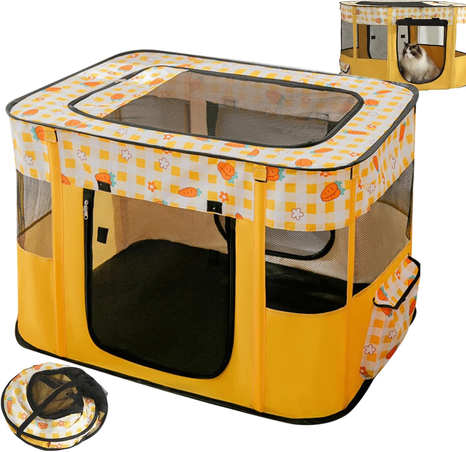 Cat Playpen Carrot Pattern Foldable Enclosed Oxford Kitten Playpen with Zippered Door, Fiberglass Support & Breathable Mesh for Indoor Cat, Parturition, Rest, L #