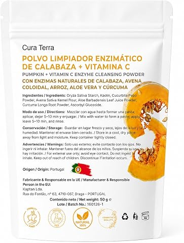 Pumpkin + Vitamina C – Polvo Limpiador Enzimático Facial | Exfoliante Suave Iluminador | Con Calabaza, Kaolín ultra fino, Avena Coloidal, Aloe Vera y Cúrcuma | Natural & Vegano – 50 g
