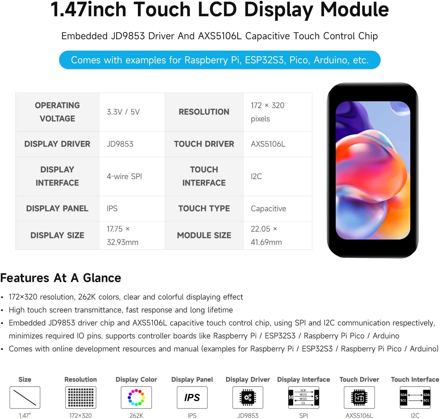 Waveshare 1.47inch LCD Display Module with Touch Panel, Compatible with Raspberry Pi/Pi Pico/ ESP32S3, Micro LCD Display, 172×320 Resolution, IPS, SPI and I2C Communication, 262K Display Color
