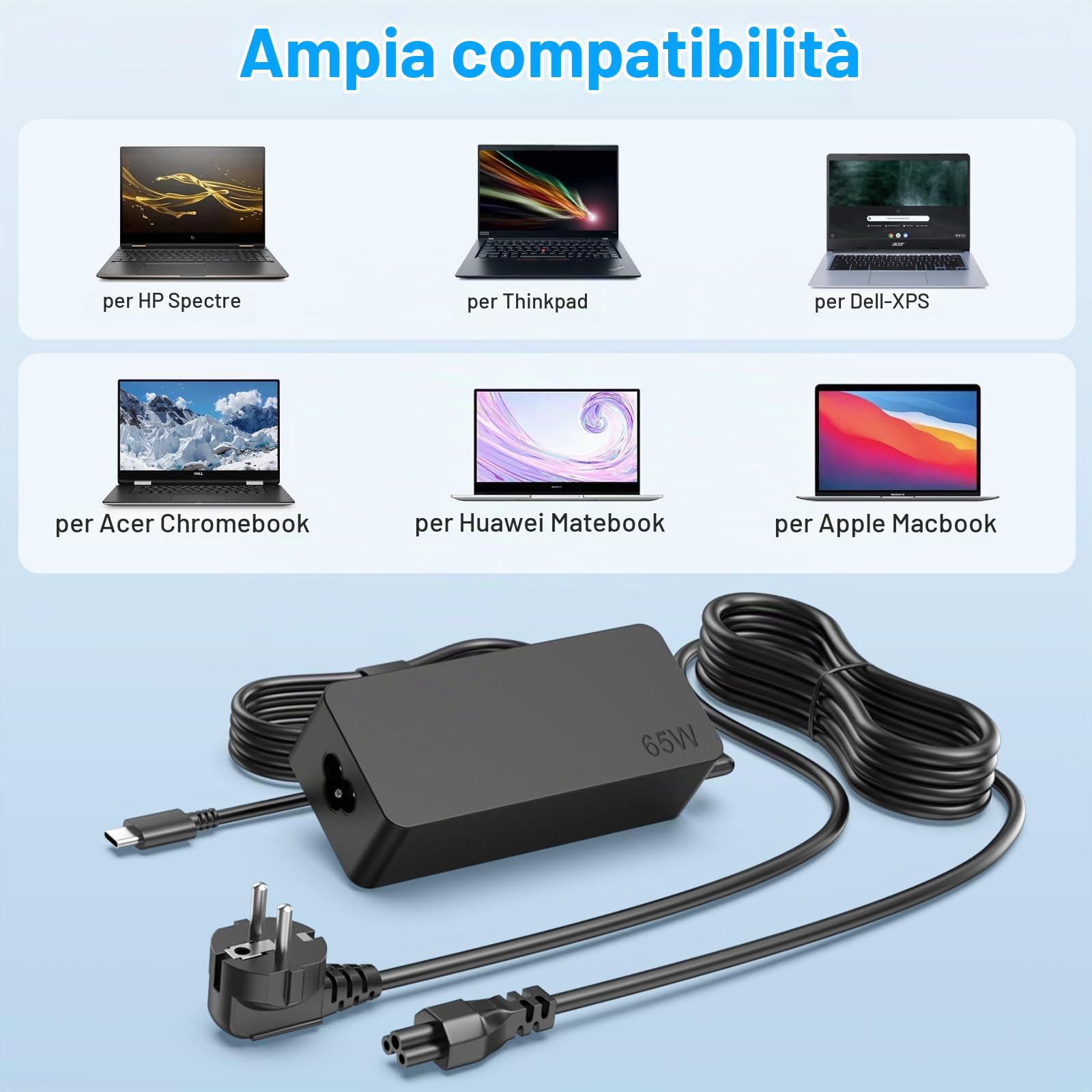 Caricabatterie USB-C 65W Per Lenovo ThinkPad, X1 Carbon, Yoga E IdeaPad – Alimentatore Slim Con Cavo Nylon