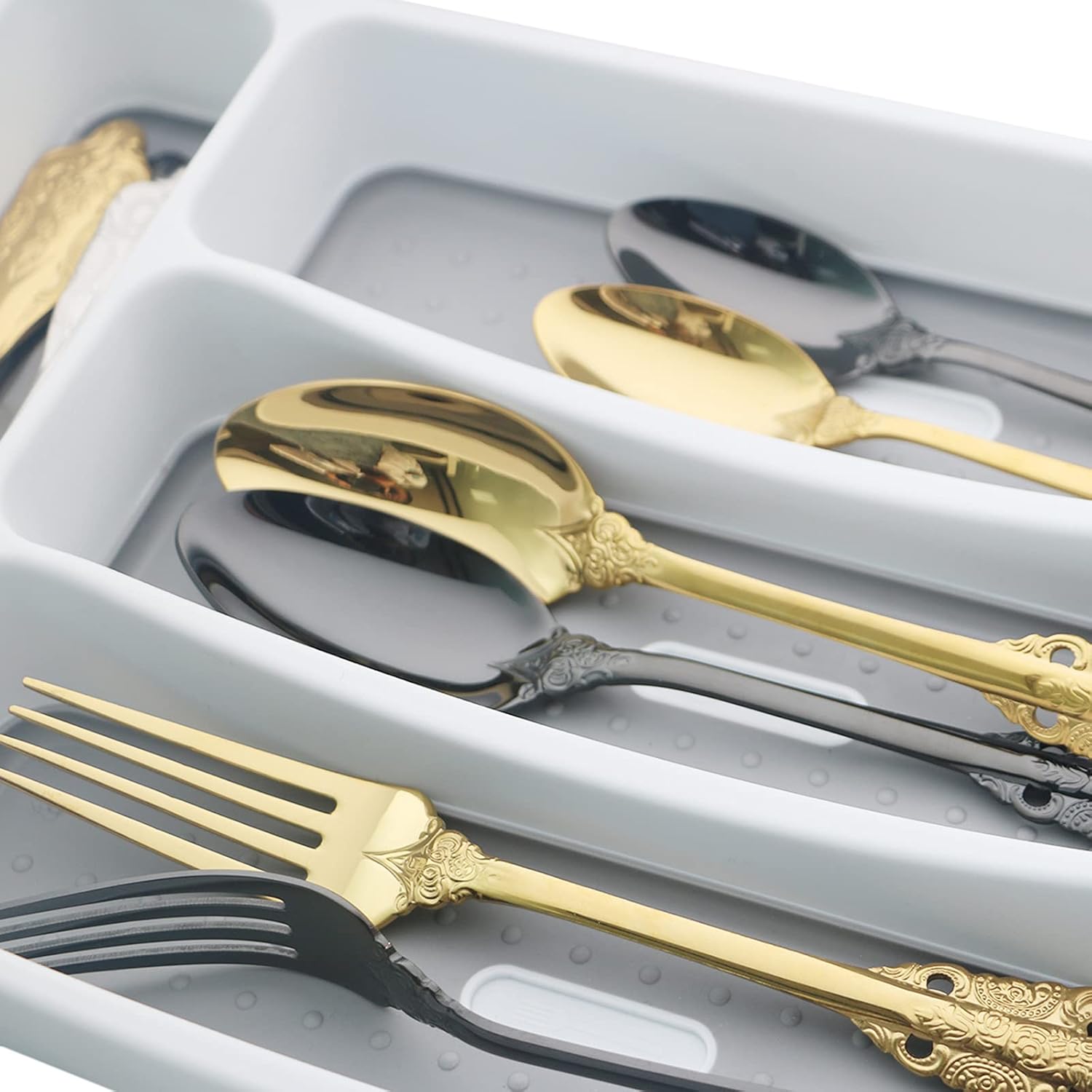 24-Piece Silverware Set, Blue Durable Flatware Set Mirror Polished, Dishwasher Safe Service for 6, Include Fork/Spoon with 5-Compartment Non Slip Silverware Drawer Organizer Box Tray