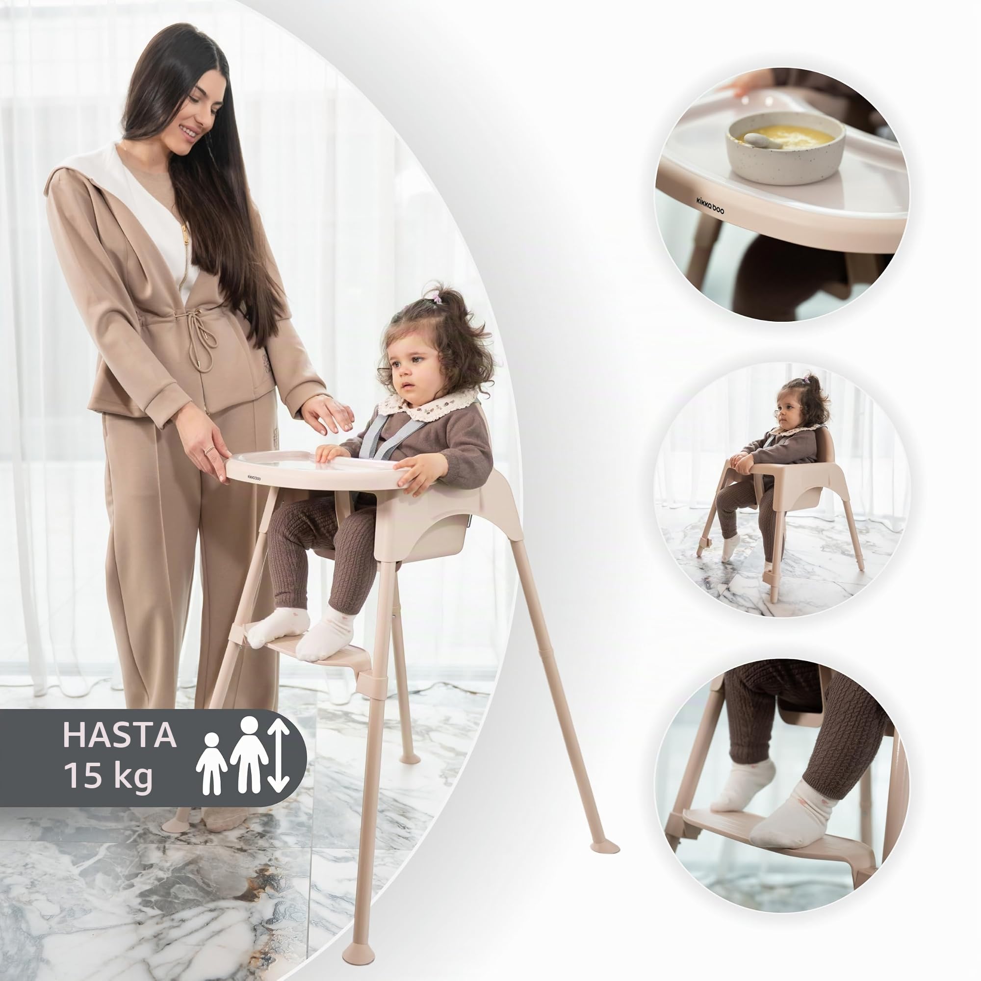 KikkaBoo Tronas de Bebé OATY 2 en 1, Silla Convertible hasta 15 kg y 3 Años, Doble Bandeja con Portavasos, Arnés 5 Puntos, Patas Antideslizantes, Reposapiés Ajustable, Beige