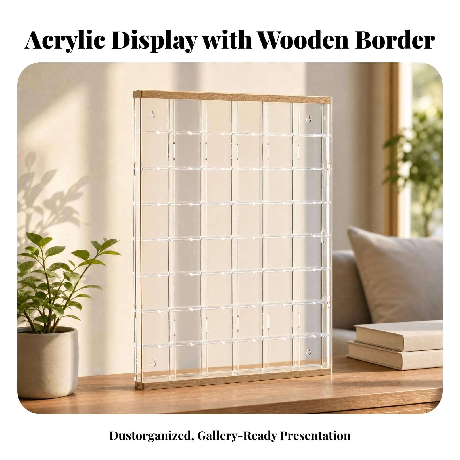 Wandmontage-Display mit Holzoptik wandmontiert Setzkasten wandmontierbar Sammlervitrine für Sammler, Wanddekoration, 66x66mm, 24 Schlitze