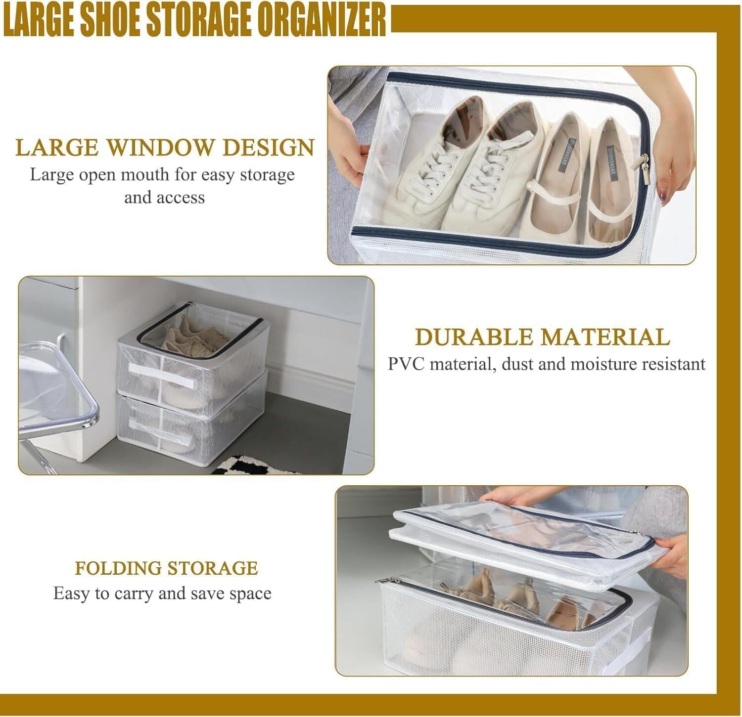 SITSRA Shoe Storage Box 27L Foldable Shoe Organizer for Closet, Dustproof Shoes Rack with Zipper & Handles, Space Saving Shoe Organiser for Men & Women (Pack of 1) 3