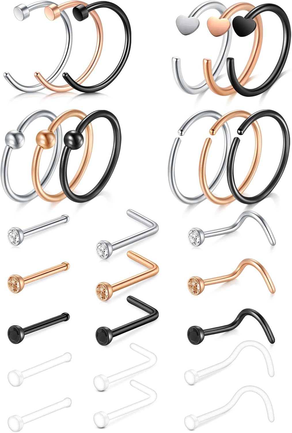 AceFun Nose Rings Hoop Silver 20G Stainless Steel and Bioflex Acrylic L Shape Nose Rings