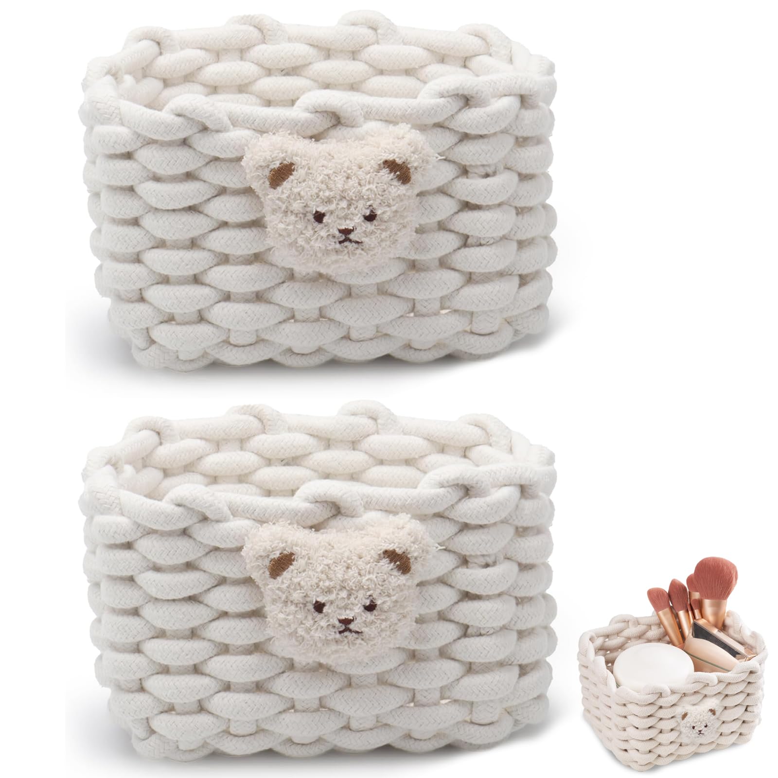 CHUANFU 2 Stück Aufbewahrungskorb Geflochten Baumwolle Strickkorb, Organizer Klein Körbchen mit Bärenmotiv Aufbewahrungskorb, Körbe Schateln für Baby Kleinkinderzimmer, Schminktisch Wohnzimmer, Weiß