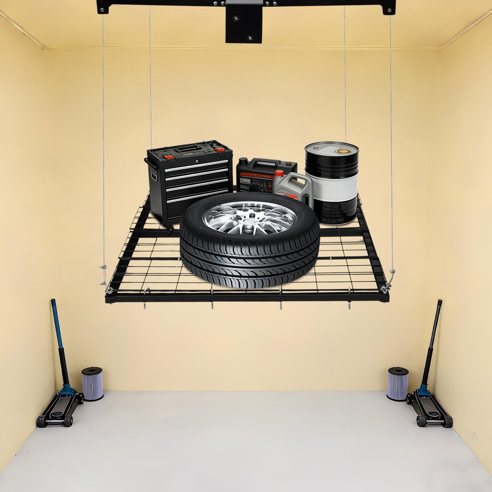 Kohlenstoffstahl Garagen-Lagerlift, Verstellbarer Schwerlast-Deckenlift mit Handkurbel, 113 kg Tragkraft, 243 cm Hubhöhe, platzsparender Garagen-Organizer, einfache Installation