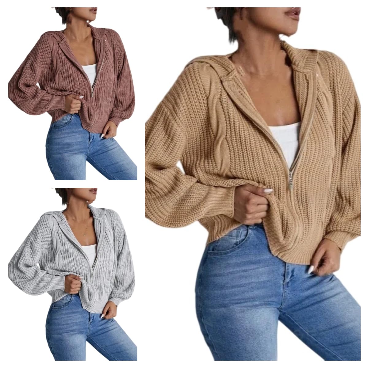 Cardigan Femme, Gilet Court À Capuche pour Femme, en Maille Torsadée, Manches Bouffantes, Fermeture Éclair Intégrale, Veste Cardigan Décontractée, Manteau Confortable À Superposer pour L'Autom